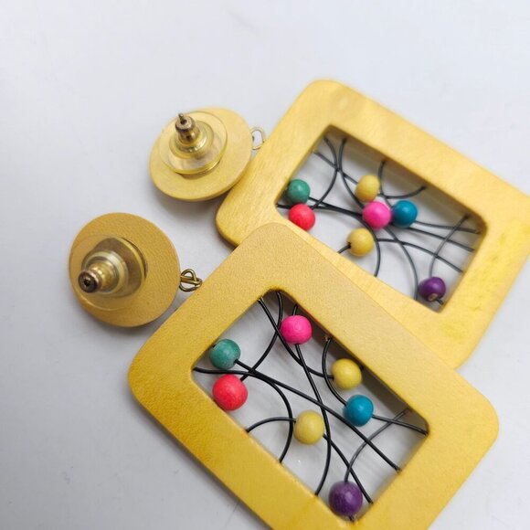 Vintage 1980s Yellow Wooden Rectangle Earrings With Colorful Bead Accents - Picture 4 of 5